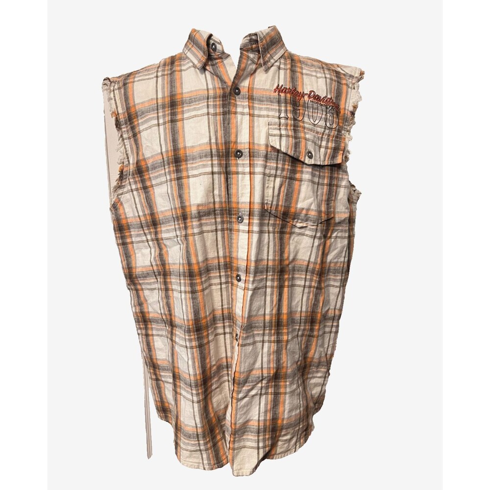 HARLEY DAVIDSON Mens XL Linen Cotton Plaid Vest Embroidered Biker Motorcycle EUC